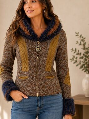 Save the Queen! Knit Zip Jacket Faux Fur Trim Adjustable Collar